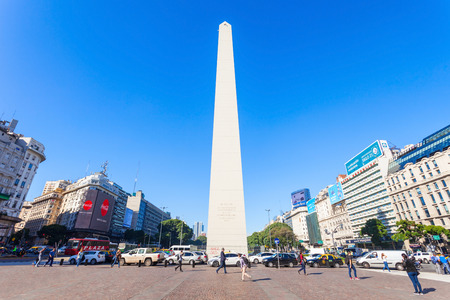 BUENOS AIRES, ARGENTINA - APRIL 14, 2016: Obelisco in Buenos Aires in Argentina. The Obelisk of Buenos Aires is a national historic monument and icon of Buenos Aires.のeditorial素材