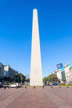 BUENOS AIRES, ARGENTINA - APRIL 14, 2016: Obelisco in Buenos Aires in Argentina. The Obelisk of Buenos Aires is a national historic monument and icon of Buenos Aires.のeditorial素材