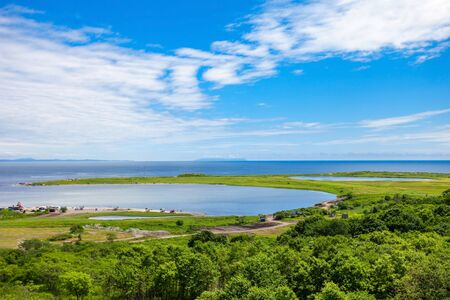 Russky island aerial panoramic view. Russky Island is an island off Vladivostok in Primorsky Krai, Russia in the Peter the Great Gulf, Sea of Japan.の写真素材