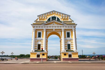 Triumphal Arch Moscow Gates is located on Angara river embarkment in the center of Irkutsk city, Russiaのeditorial素材