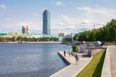 YEKATERINBURG, RUSSIA - JULY 02, 2016: Yekaterinburg city center skyline and Iset river. Ekaterinburg is the fourth largest city in Russia and the centre of Sverdlovsk Oblast.のeditorial素材