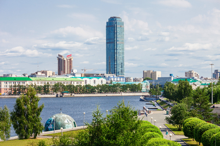 YEKATERINBURG, RUSSIA - JULY 02, 2016: Vysotsky is a skyscraper in Yekaterinburg. It is the second tallest building in Russia and the northernmost building over 150 meters tall worldwide.のeditorial素材
