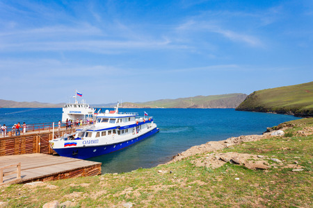 BAIKAL LAKE, RUSSIA - JULY 08, 2016: Ferry to Olkhon island at Baikal lake in Siberia, Russia.のeditorial素材