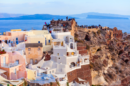 Byzantine Castle Ruins in Oia Santorini island in the Cyclades, Greece on sunsetの写真素材
