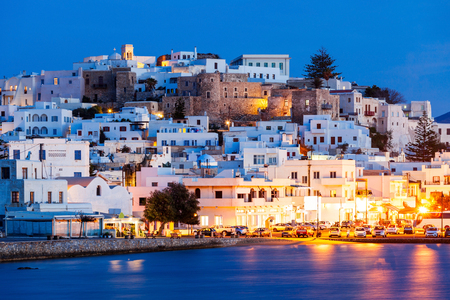 Naxos island aerial panoramic view at night. Naxos is the largest of the Cyclades island group in the Aegean, Greeceの写真素材