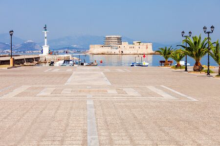 Seafront promenade in Nafplio. Nafplio is a seaport town in the Peloponnese peninsula, Greece.の写真素材