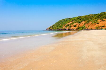Beauty lonely beach with yellow sand in Goa, indiaの写真素材