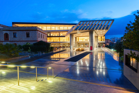 The Acropolis Museum at night. It is an archaeological museum focused on the findings of the archaeological site of the Acropolis of Athens in Greece.のeditorial素材