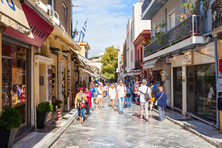 ATHENS, GREECE - OCTOBER 20, 2016: Pedestrian souvenir market street in Plaka region. Plaka is the old historical neighborhood of Athens in Greece.のeditorial素材