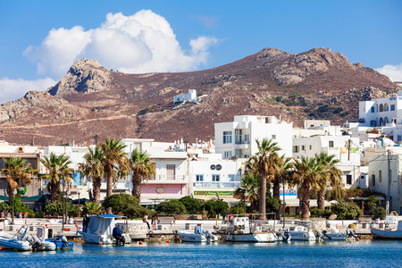 NAXOS ISLAND, GREECE - OCTOBER 23, 2016: Port with boats in Naxos Chora town, Naxos island in Greeceのeditorial素材