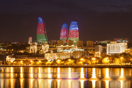 BAKU, AZERBAIJAN - SEPTEMBER 15, 2016: Baku Flame Towers at night. It is the tallest skyscraper in Baku, Azerbaijan with a height of 190 meters.のeditorial素材