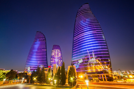 BAKU, AZERBAIJAN - SEPTEMBER 13, 2016: Baku Flame Towers is the tallest skyscraper in Baku, Azerbaijan with a height of 190 m. The buildings consist of apartments, a hotel and office blocks.のeditorial素材