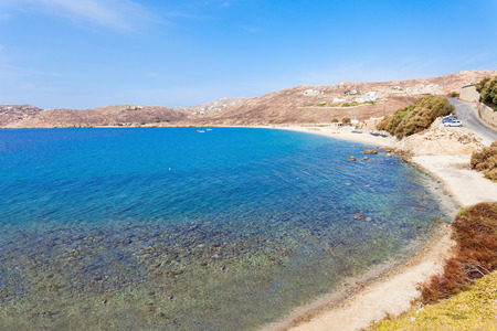 Elia Beach aerial panoramic view from viewpoint on the Mykonos island, Cyclades in Greeceの写真素材