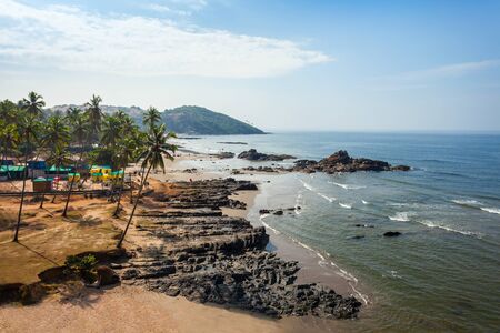 Vagator or Ozran beach aerial panoramic view in north Goa, Indiaの写真素材