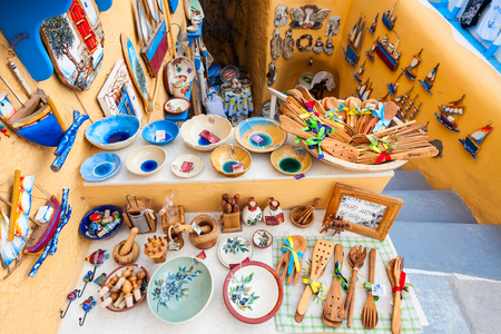 SANTORINI ISLAND, GREECE - OCTOBER 26, 2016: Souvenir shop in Oia, Santorini island in the Cyclades, Greece.のeditorial素材