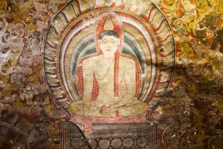 DAMBULLA, SRI LANKA - FEBRUARY 17, 2017: Mural paintings frescoes inside Dambulla Cave Temple. Cave Temple is a World Heritage Site near Dambulla city, Sri Lanka.のeditorial素材