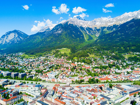 Innsbruck and Alps mountains aerial panoramic view. Innsbruck is the capital city of Tyrol in western Austria.の写真素材
