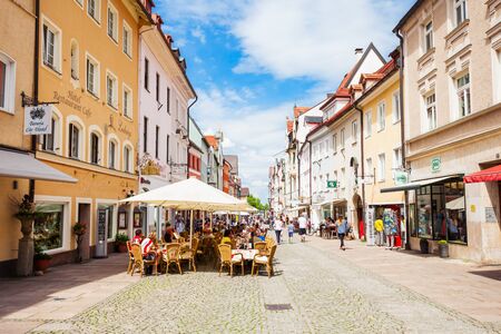 FUSSEN, GERMANY - MAY 23, 2017: Street cafe in the Fussen old town city centre. Fussen is a small town in Bavaria, Germanyのeditorial素材