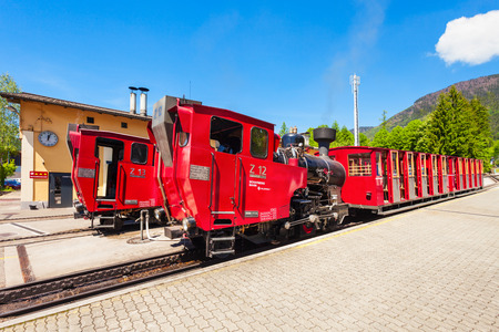 ST WOLFGANG, AUSTRIA - MAY 17, 2017: The Schafberg Railway train is a gauge cog railway in Upper Austria and Salzburg. Schafberg train leading from St Wolfgang im Salzkammergut to the Schafberg.のeditorial素材