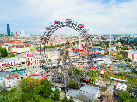 VIENNA, AUSTRIA - MAY 13, 2017: The Wurstelprater or Wurstel Prater aerial panoramic view. Wurstelprater is an amusement park and section of the Wiener Prater in Vienna, Austria.のeditorial素材