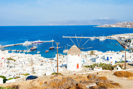 Boni or Bonis Windmill at the Folklore Agricultural Museum in Mykonos Town, Island of Mykonos, Cyclades Islands in Greece.の写真素材