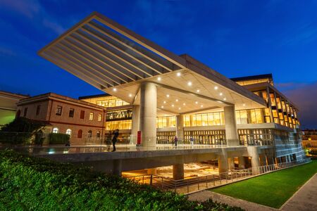 The Acropolis Museum at night. It is an archaeological museum focused on the findings of the archaeological site of the Acropolis of Athens in Greece.のeditorial素材