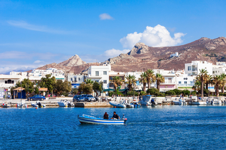 NAXOS ISLAND, GREECE - OCTOBER 23, 2016: Port with boats in Naxos Chora town, Naxos island in Greeceのeditorial素材