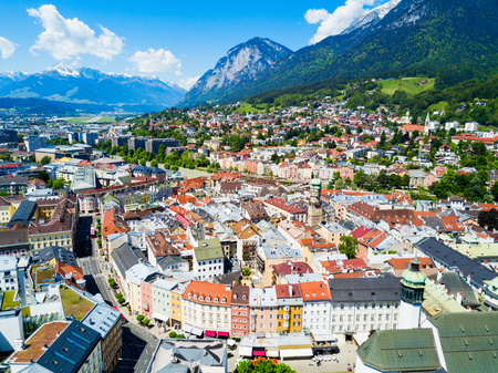 Innsbruck city centre aerial panoramic view. Innsbruck is the capital city of Tyrol in western Austriaの写真素材