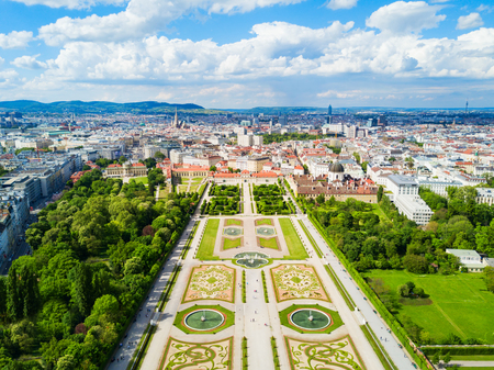 Belvedere Palace aerial panoramic view. Belvedere Palace is a historic building complex in Vienna, Austria. Belvedere was built as a summer residence for Prince Eugene of Savoy.の写真素材