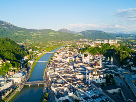 Salzburg city centre and Salzach river aerial panoramic view, Austria. Salzburg (literally "Salt Fortress or Salt Castle") is the fourth largest city in Austria.の写真素材