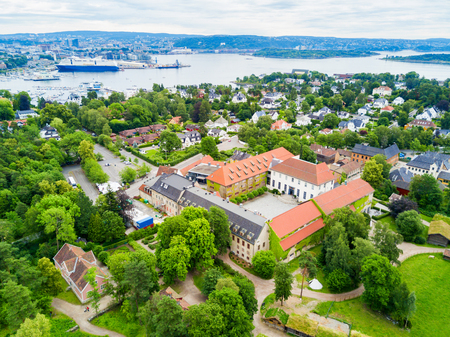 Norwegian Museum of Cultural History or Norsk Folkemuseum aerial panoramic view, located at Bygdoy peninsula in Oslo, Norwayのeditorial素材