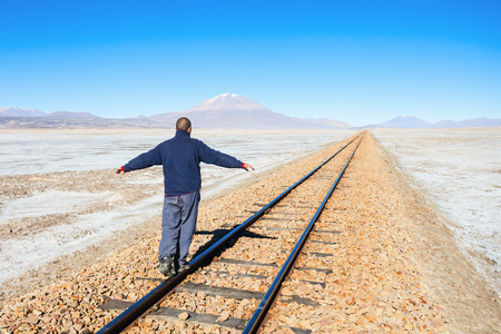 Old railway in Salar de Uyuni (salt flat), Boliviaの写真素材