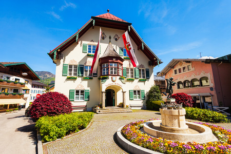 St. Gilgen Rathaus or Town Hall building in the centre of St Gilgen village, Salzkammergut region of Austriaのeditorial素材