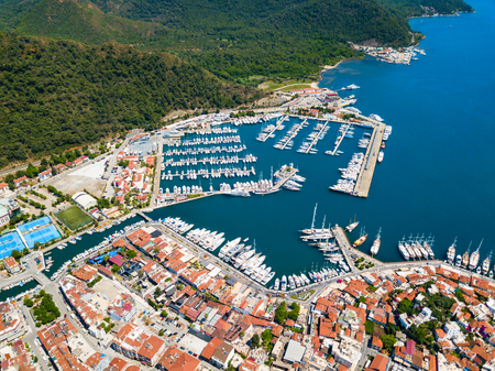 Marmaris marina aerial panoramic view in Marmaris city in Turkeyの写真素材