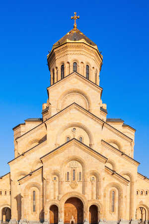 Tsminda Sameba Church (The Holy Trinity Cathedral of Tbilisi) at evening, located in Tbilisi,...