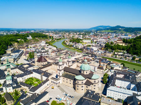 Salzburg Cathedral aerial panoramic view, Austria. Salzburg (literally "Salt Fortress or Salt Castle") is the fourth largest city in Austria.のeditorial素材