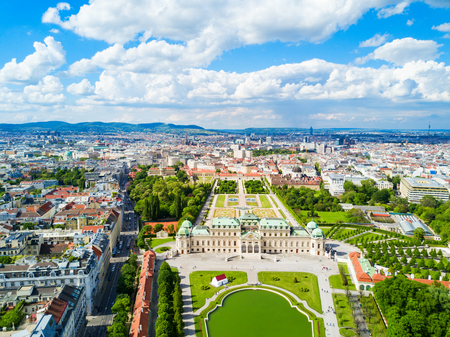 Belvedere Palace aerial panoramic view. Belvedere Palace is a historic building complex in Vienna, Austria. Belvedere was built as a summer residence for Prince Eugene of Savoy.のeditorial素材