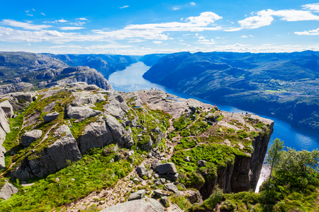 Lysefjord aerial panoramic view from the top of the Preikestolen cliff near Stavanger. Preikestolen or Pulpit Rock is a famous tourist attraction in Norway.の写真素材