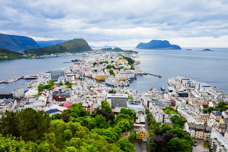 Alesund aerial panoramic view from Fjellstua Utsiktspunkt or Fjellstua viewpoint on Mount Aksla in Alesund, Norwayの写真素材