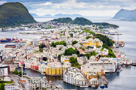 Alesund aerial panoramic view from Fjellstua Utsiktspunkt or Fjellstua viewpoint on Mount Aksla in Alesund, Norwayの写真素材