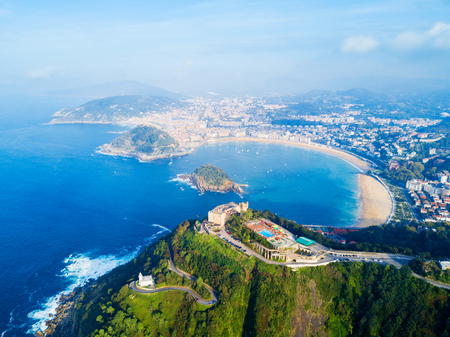Monte Igueldo Tower, viewpoint and Amusement Park on the Monte Igueldo mountain in San Sebastian or Donostia city in Spainの写真素材