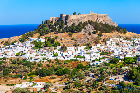 Lindos Acropolis aerial panoramic view in Rhodes island, Greeceの写真素材