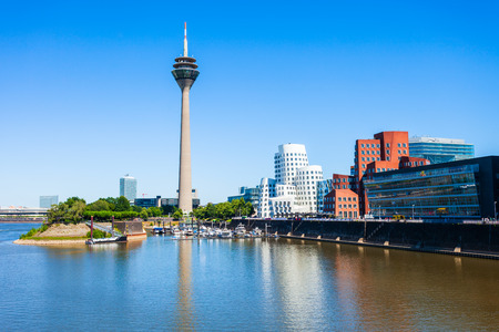 Rheinturm and Media Harbour district in Dusseldorf city in Germanyのeditorial素材