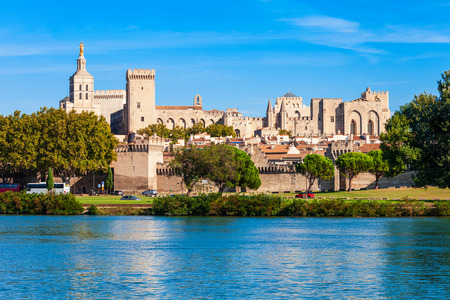 Palace of the Popes or Palais des Papes and Avignon Cathedral aerial panoramic view in Avignon city, southern Franceのeditorial素材