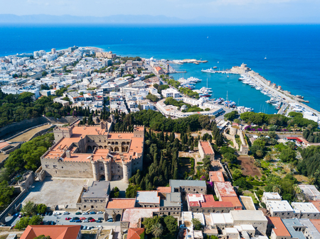 Mandraki port of Rhodes city harbor aerial panoramic view in Rhodes island in Greeceの写真素材