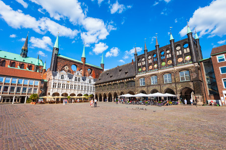 LUBECK, GERMANY - JULY 08, 2018: Town Hall or Lubecker Rathaus at the market square in Lubeck city in Germanyのeditorial素材
