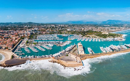 Antibes port aerial panoramic view. Antibes is a city located on the French Riviera or Cote d'Azur in France.の写真素材
