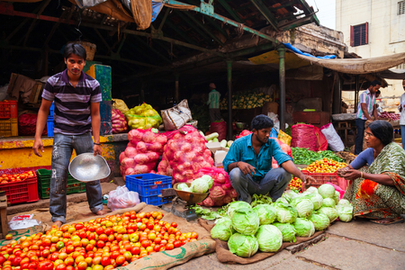 MYSORE, INDIA - MARCH 26, 2012: Fruts and vegetables at the local market in Indiaのeditorial素材