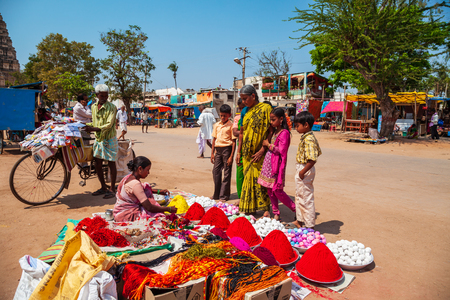 HAMPI, INDIA - FEBRUARY 21, 2012: Holi powder colors at the local market in Indiaのeditorial素材