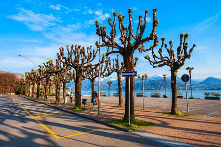 Waterfront in the Stresa town, located at the shore of the Lago Maggiore Lake in north Italy.の写真素材